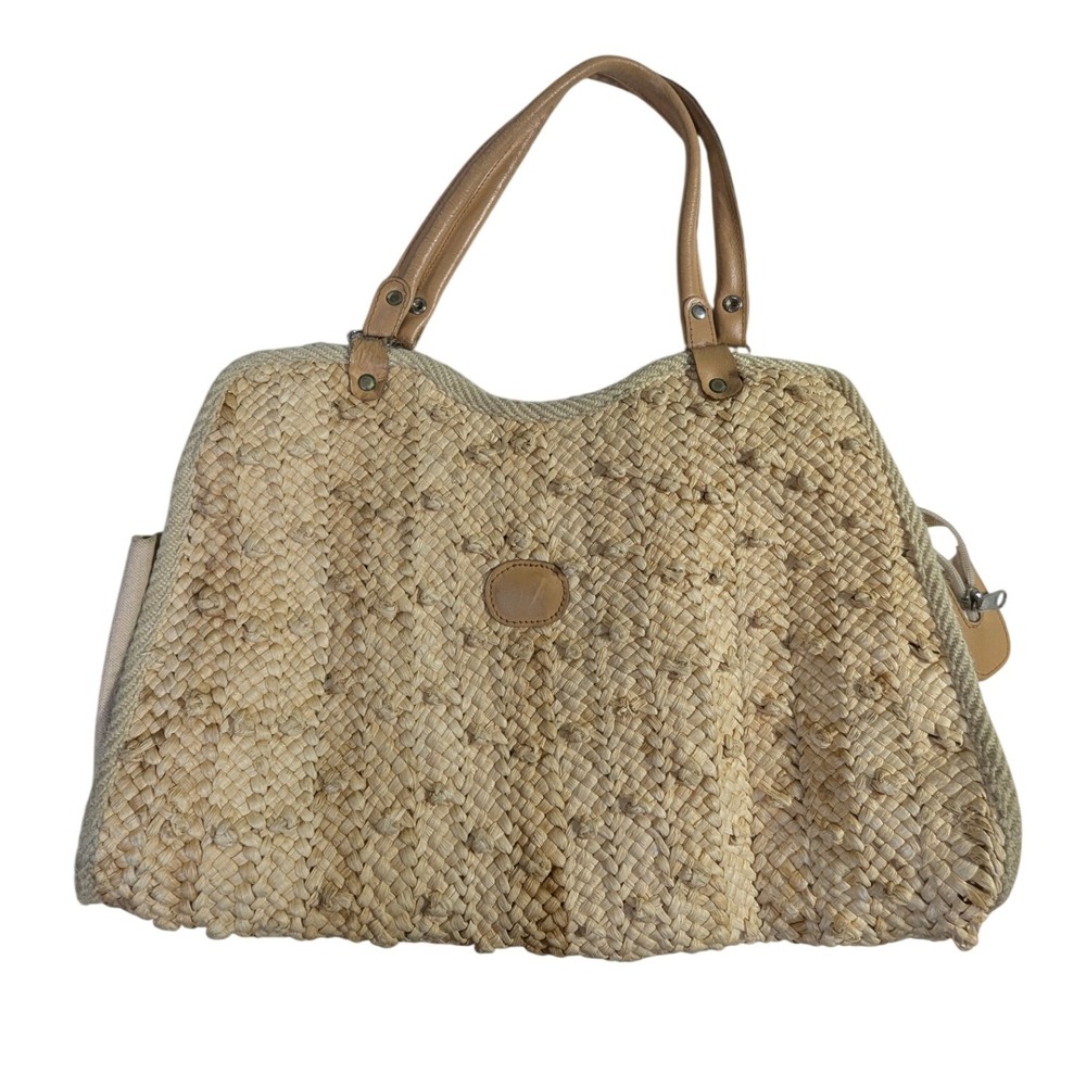 Vintage‎ Straw Bag Large Natural Woven Leather Trim Spain READ